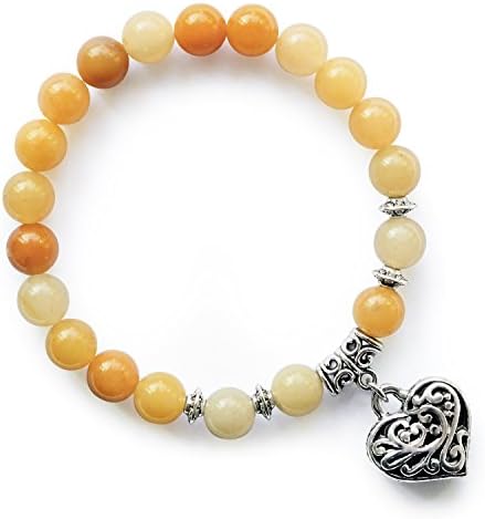 MHZ JEWELS Natural Gemstone 8mm Beaded Bracelet Vintage Heart Charm Pendant Stretch Beads Bracelet Gifts for Women