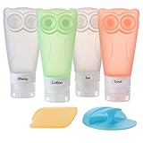 FAMILIFE Leak Proof Silicone Travel Bottle Set, Double Suction Cup TSA Approved BPA Free with Facial Brush Toothbrush Cover(Owl)
