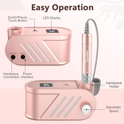Enniewi Professional Nail Drill 35000RPM, Electric Nail File, Manicure and Pedicure, Electric Drill for Removing Gel/Nail Polish, Pink