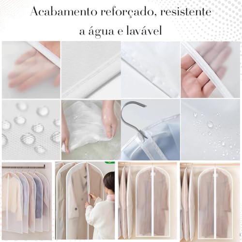 Kit 5 Capas Protetoras para Roupas com Zíper Transparente, 60x120cm, Impermeável e Anti Poeira, Ideal para Terno, Vestido, Casaco, Jaqueta e Organização de Guarda-Roupa