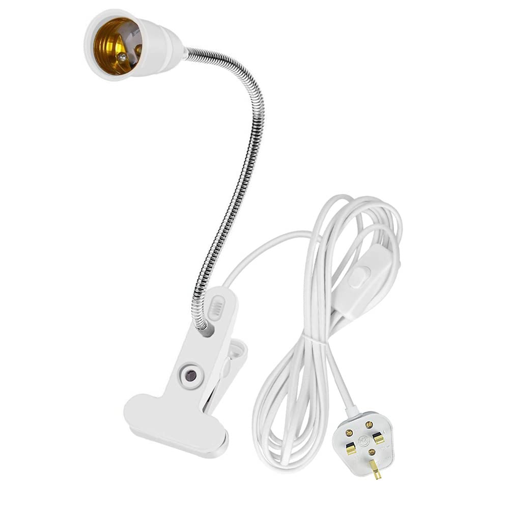 Wasserquelle E27 Clip Desk Lamp Clip on Light Bulb Holder with Switch UK Plug Flexible E27 Light Fitting Base 360° Socket Screw Lamp Holder for Bedside Offices (20CM, White)