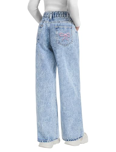 Fulihug Girls Wide Leg Jeans Baggy Bow Embroidery High Elastic Waist Denim Pants Cute Y2K Trendy Tween Streetwear 8-16Y