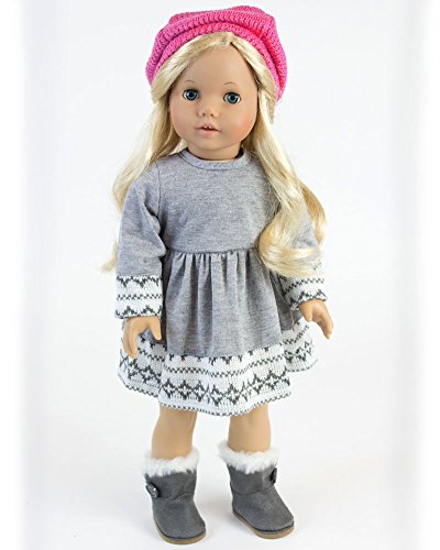 Doll Clothes 4 Pc. Outfit fit for 18 Inch American Girl Dolls & More! Grey Fair Isle Style Doll Sweater Dress, Leggings, Scarf & Doll Pink Hat
