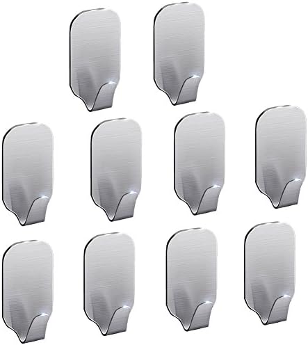 3M Self Adhesive Hooks for Bathroom Kitchen Bedroom Wall Towel Clothes Keys Hooks Organizer Holder,Brushed Finish Stainless Steel,Strong & Durable (Pack of 10)