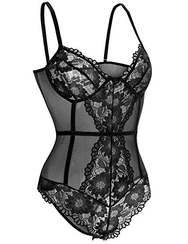 ZSWDXX Women Lingerie Snap Crotch One Piece Lace Teddy Bodysuit Babydoll Chemise Sleepwear Black