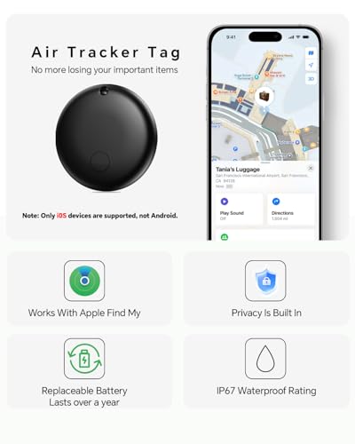 Smart Air Tracker Tags 4 Pack, Smart Wireless Tracker Compatible with Apple Find My (iOS Only), IP67 Waterproof Item Finder with Replaceable Battery for Keys, Luggage, Bags, Suitcases