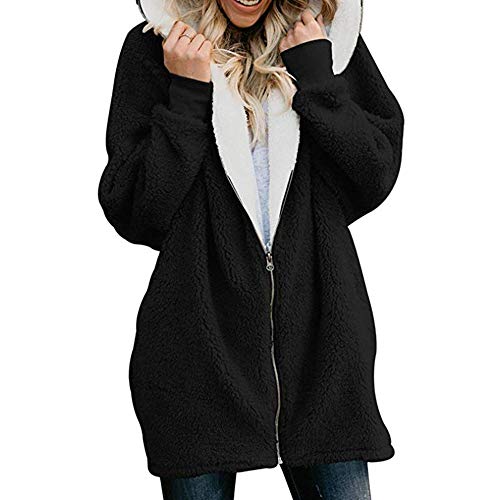 Sanyyanlsy Solid Oversized Zip Shaggy Plush Hooded Coat Ladies Winter Fluffy Long Cardigan Outwear with Pocket for Women Black - Thumbnail 5