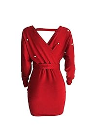 Aro Lora abalorio Sexy para Mujeres Apagado Hombro Cuello En V Profundo Backless manga larga Bodycon Mini vestido con cinturón