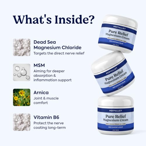 Pure Relief Magnesium Cream - Dead Sea Magnesium Lotion with MSM & Arnica | with MSM, Arnica & Vitamin B6, Soothing Topical Cream For Feet, Legs & Hands, For Nerve Pain, Fast-Absorbing, 4 Oz