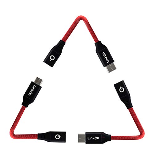 LinkOn 3 in 1 USB Universal Adapters Set 4"/10cm Cable Connectors for Converting All Standards with Charging and Data/Sync Option Combo Type C, iPhone/iPad, Micro Ports Multiple Devices Kit (Red)