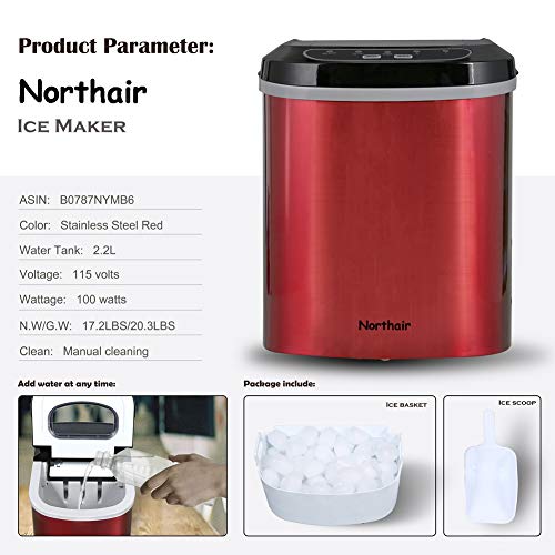 Northair Countertop Ice Maker Machine with 26lbs Daily Capacity, Stainless Steel Ice Cube Makers for RVs, Boats, Kitchens, Bars HZB-12/SA (Red) - Thumbnail 3