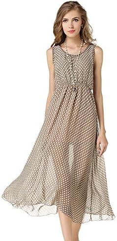 Mlotus Womens Polka Dot Sleeveless Chiffon Pleated Maxi Beach Party Dresses Long