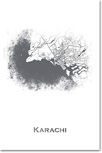 Karachi, Pakistan Original Map Design White Snow - Art Print Poster Photo Gift - Size: 38cm x 25cm