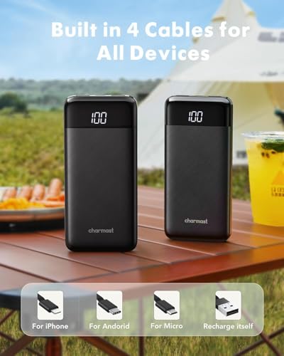 Charmast Power Bank with Built in Cables X 4, 10000mAh USB C Battery pack 6 Outputs 3 Inputs with LED Display Type C Powerbank Portable Charger Compatible with Smartphones Tablets and More