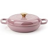 3 Quart Enameled Cast Iron Braiser, Non Stick Enameled Cast Iron Skillet with Lid, Dutch Oven Skillet with lid up to 500°F for Oven, Stove, Grill, Shallow Dutch Oven for Cook, Bake (Pink)