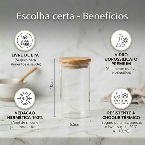 Kit 10 Potes Herméticos 250ml de Vidro com Tampa de Bambu Natural – Redondos com Vedação de Silicone, Organizadores para Cozinha, Armazenar Temperos, Grãos, Café, Chá, Açúcar, Doces e Mantimentos