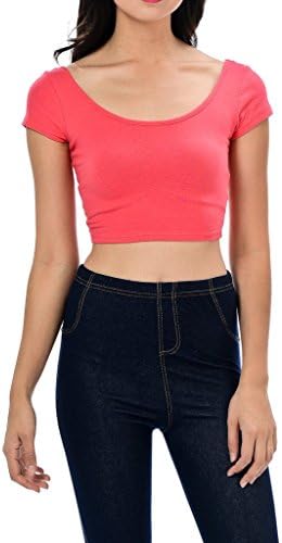 Womens Trendy Solid Color Basic Scooped Neck and Back Crop Top Dk Coral Small