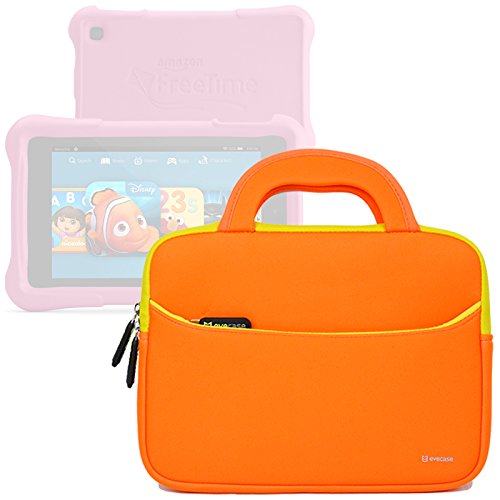 Evecase Fire HD Kids Edition Tablet Sleeve, Ultra Portable Handle Carrying Portfolio Neoprene Sleeve Case Bag for Amazon Fire HD 6 / 7 Kids Edition, 6'' / 7 inch HD Display, Kindle Oasis - Orange