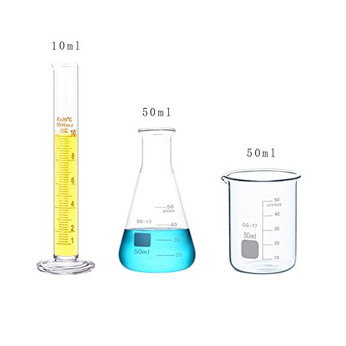 50ml Beaker 50ml Flask and 10ml Cylinder Small Glass Measuring Set with 3 X 10CM Dropper, 1 X 10CM Stir Bar and 1 X Cylinder Brush Pack of 8 with Gifts Avalible - Thumbnail 2