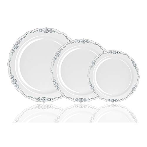 60 Pcs Disposable Plastic Plates | Victorian Design Premium Disposable Plates | 10 inch. Light Grey & Silver China Like Plastic Plates For Parties & Weddings