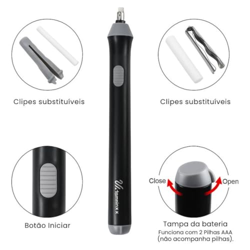 Kit Borracha Elétrica 25 Peças Portátil com Design Ergonômico – Ideal para Desenhos Técnicos, Esboços Artísticos, Escrita e Correções Precisas, Leve e de Fácil Uso Á Pilha Preto Premium