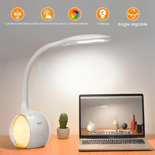 T3 Lampe de Bureau Enfant avec RGB Couleur Veilleuse, LED Lampe de Chevet Dimmable, Lampe LED Tactile avec Lumière de Couleur et 3 Niveaux de Luminosité, Blanc