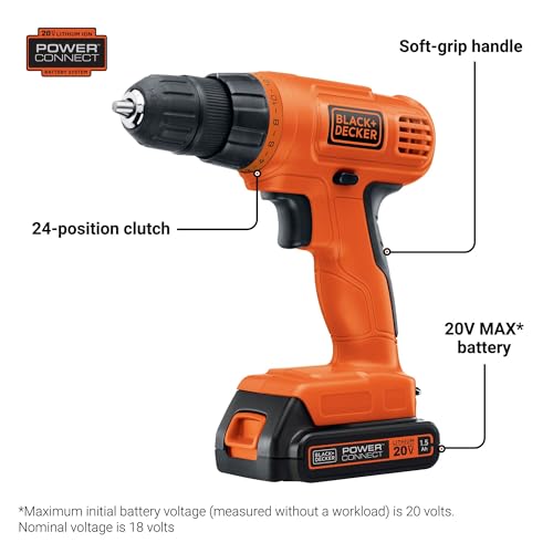 BLACK+DECKER 20V MAX POWERCONNECT Power Drill Cordless Drill Driver Electric Screwdriver with 30 Piece Bit Set and Drivers Kit, Battery and Charger Included (LD120VA)