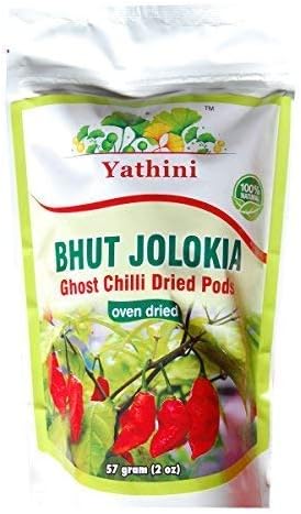 Yathini Bhut Jolokia Whole Chilli Pods 57gram/2oz (50+ Pieces in Count) Oven Dried World's Hottest Chili Pepper from Assam Ghost Chili Manipur King Chilli