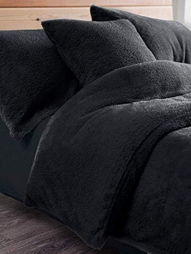 EXQUIZIT HOME Fleece Duvet Quilt Cover Bedding Set With Matching Pillowcase Teddy Fleece Warm and Cosy Black King Only