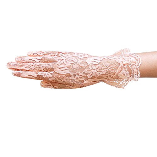 ZaZa Bridal Flower Pattern Women's Lace Gloves with Ruffle Wrist Length-Peach