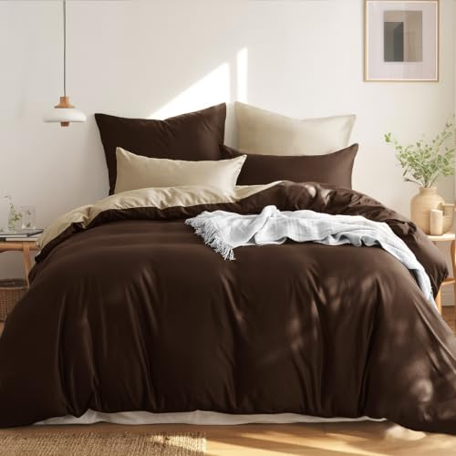 RUIKASI Bettwäsche 200x200 Baumwolle Braun - Bettwäsche-Sets 200x200cm 3teilig Wendebettwäsche 3tlg mit Reißverschluss, zweifarbige Bettbezug Set Brau