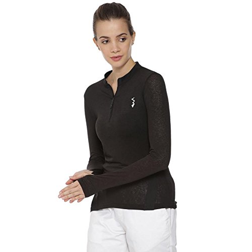 campus sutra solid women mandarin collar black sports jersey