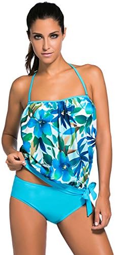 Lady Swain Women Sexy Lace Print 2pcs Bandeau Tankini Swimsuit (XXXXL, Bluish)