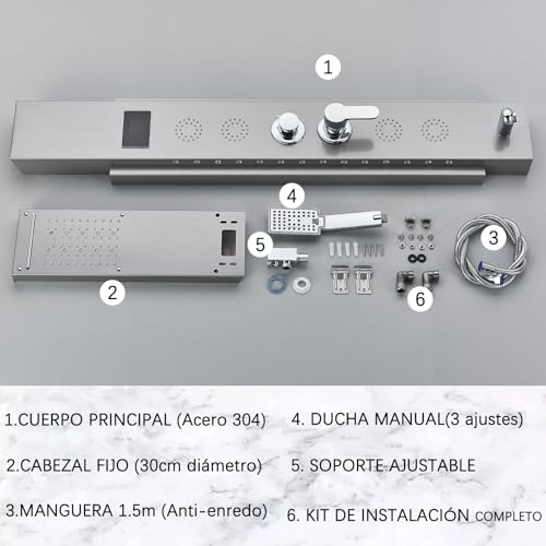 Panel de Ducha con Grifo para Bañera y Hidromasaje LED - Kit Completo en Acero Inoxidable Antical, 5 Funciones (Cabezal Fijo, Ducha de Mano, Caño), Fácil Instalación