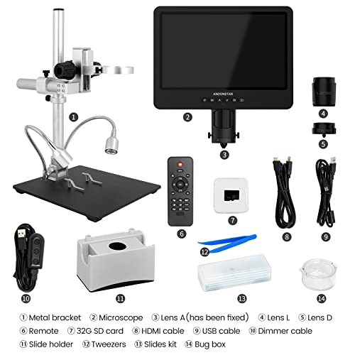 Andonstar AD249S HDMI Digital Microscope 10.1 Inch 2000x for Adults UHD Video Recorder 3 Lens 2160P Soldering Coin Biological Kit