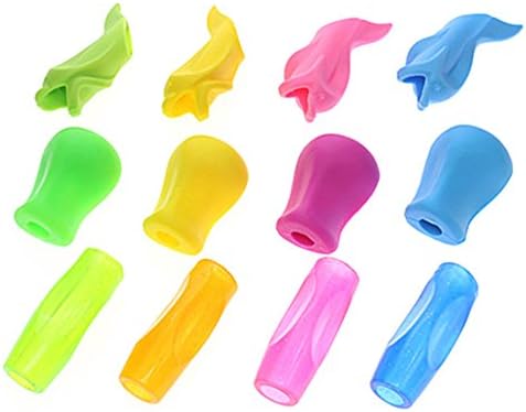 Set of 12 Pencil Grip Aid Soft Gel Rubber Silicone Writing Aid Fits Most Writing Utensils, for children Occupational Therapy Handwriting Assorted Bright Colors (3 kind of style)
