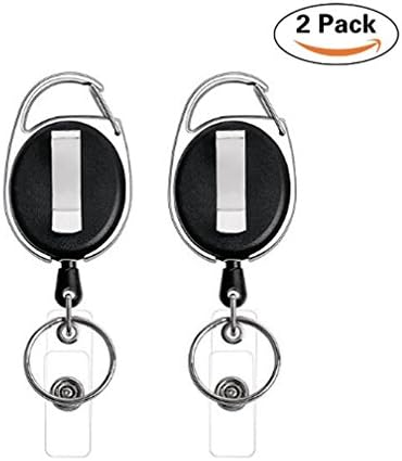 2 Packs Retractable Badge Holder Reel with Carabiner Belt Clip and Key Ring for ID Card Key Keychain Badge Holder Black