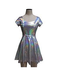 Pinda Vestido holográfico estilo skater, tiro alto., XL, Plateado