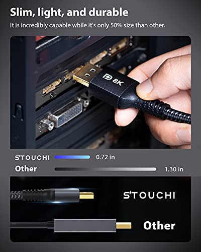 DisplayPort Cable, Stouchi DP 1.4 Cable 8K@60Hz HBR3 4K@60Hz/144Hz/120Hz 5K@60Hz 2K@165Hz/240Hz Support FreeSync G-Sync HDR10 Display Port for Gaming Monitor Graphics Card VESA Certified (6.6FT)