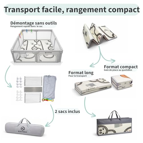 KIZTEKK - Baby Playpen 150 x 150 cm - Baby Playpen with Foldable Floor Mat - Large Secure Space - Reinforced Protection - 360° Visibility - 2 Storage Bags Included - 4 Support Rings