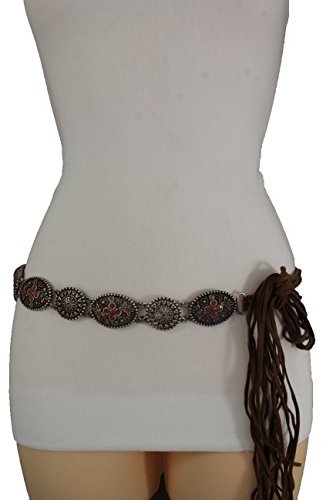 TFJ Women Fashion Brown Tie Belt Bohemian Vintage Silver Metal Charms Red Flower S M