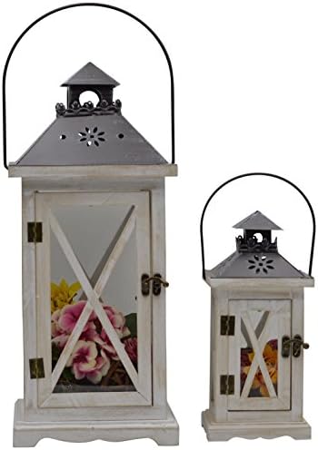 idecor T-80563S-W Wooden/Glass Lantern-Set of 2, White