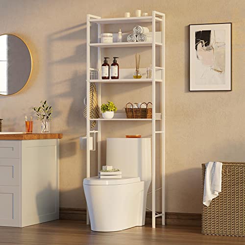 Rolanstar Over The Toilet Storage, 4Tier Wooden Bathroom Space Saver with Hooks, Freestanding