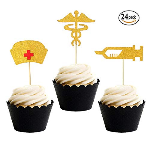 Nursing Graduation Cupcake Toppers Gold Glitter Cake Toppers Food Picks for Nurse Graduation Medical Rn Themed Nursing Grad Party Decorations by Ucity - Thumbnail 5