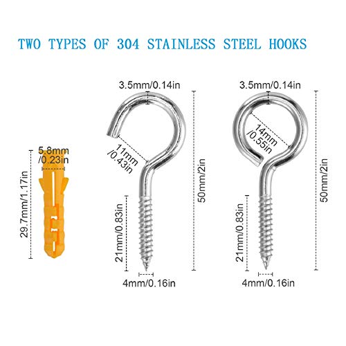 MEIYYJ 30pcs 2 inch Two Types of 304 Stainless Steel Hooks, SelfTapping Ceiling Cup Hook Screws
