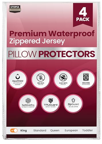 Utopia Bedding Wasserdichter Kissenschutz mit Reißverschluss (4 Stück, weiß), King-Size, Bettwanzensichere Kissenbezüge, Kissenbezüge, 50,8 x 96,5 cm