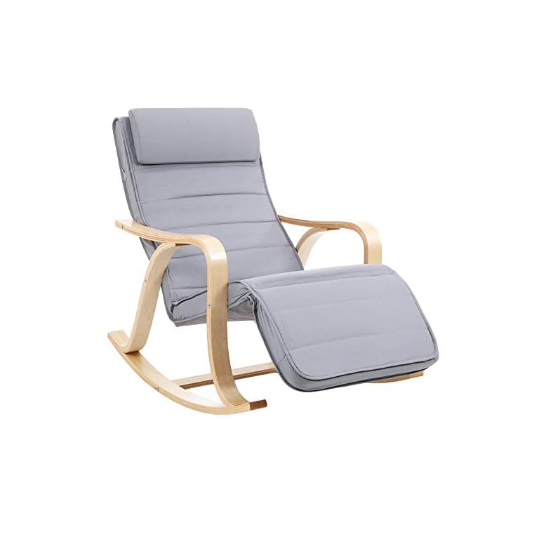 SONGMICS Mecedora, Sillón Tumbona, Madera de Abedul ,Reposapiernas