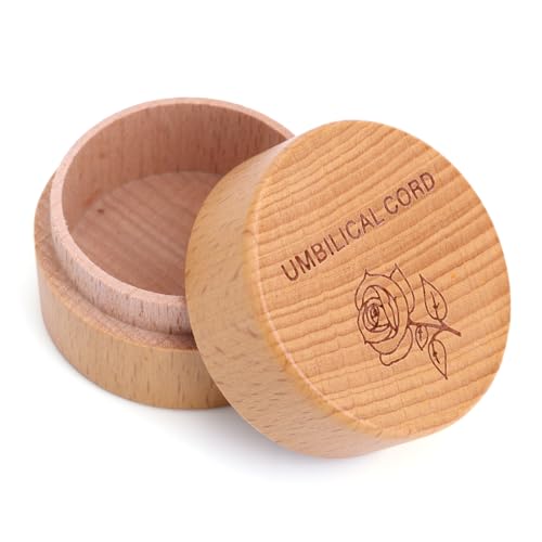 BOXOB Umbilical Cord Memorial Box, Engraved Wooden Round Newborn Wood Case Baby Keepsake Tooth Box Fetal Hair Memorial Storage Container for Baby Shower Pregnancy Christening Gift