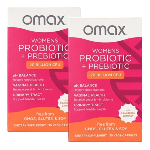 2 Pack Omax Prebiotics & Probiotics Complex for Women, pH Balance, Vaginal Health, Urinary Tract, Yeast, UTI/BV Prevention, Bloating pH 20 Billion CFU | Vegan, Organic, Gluten Free, 60 Vege-Capsules
