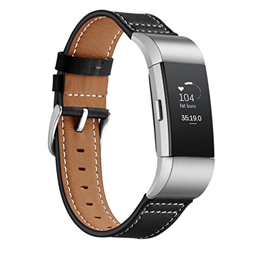 MoreToys Genuine Leather Adjustable Replacement Accessory Sport Watch Band Wrist Strap Bracelet for Fitbit Charge 2 Fitness Wristband (Black) - Thumbnail 7